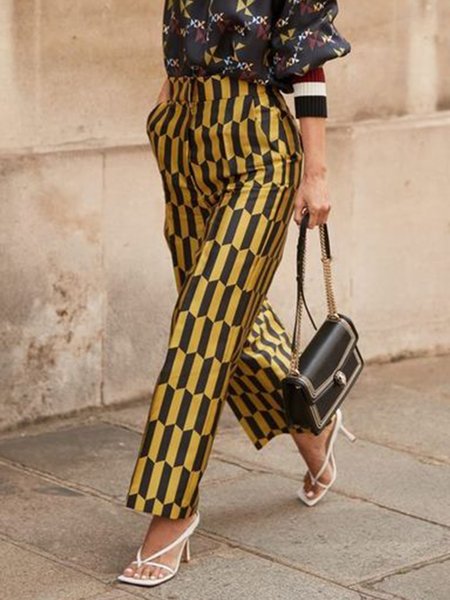Work Date Daily Geometric Regular Fit Pants, Yellow, Wide Leg Pants