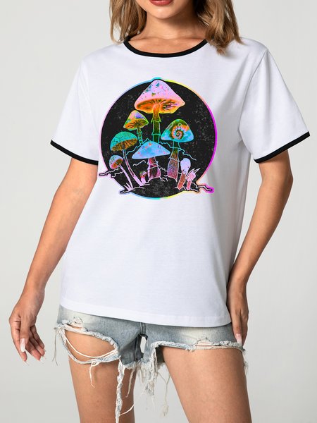 Unocis Mushroom Print Round Neck Short Sleeve Ringer Tee, Black, T-shirts