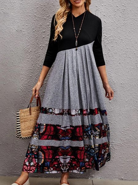 V Neck Graphic Loosen Dresses, Multicolor, Maxi Dresses