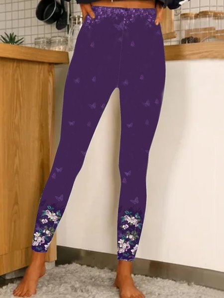 High elastic butterfly flower printed medium waist elastic Leggings, Purple, Leggings