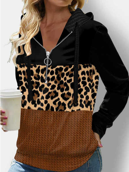Hooded Leopard Casual Tops, Multicolor, Long sleeve tops
