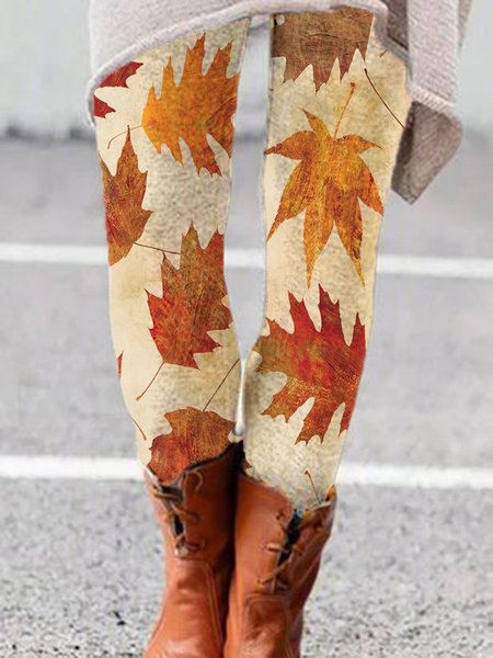 Casual Leaves Cotton Blends Skinny Pants, Light coffee, leggings