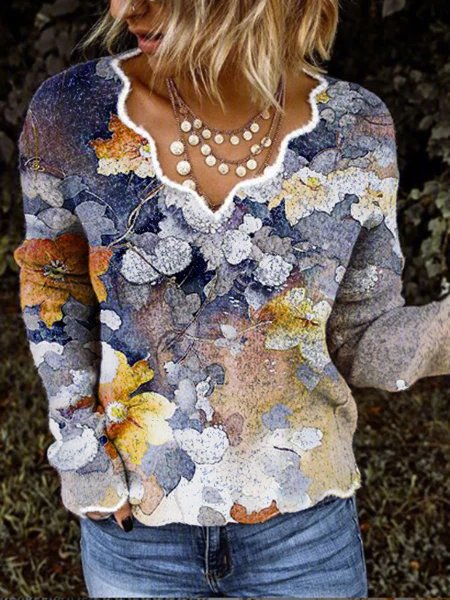 Long Sleeve Casual V Neck Leaves Printed Shirts & Tops, Multicolor, Tops