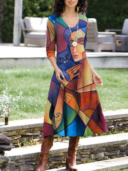 Casual V Neck Dresses, Multicolor, Midi Dresses