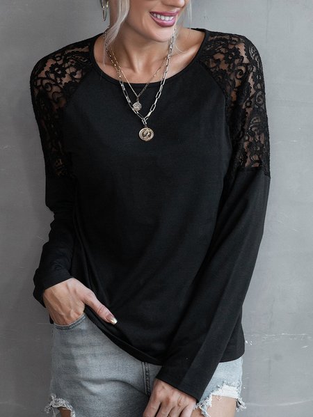 Shirt Sleeve Basics Lace Crew Neck Shirts & Tops, Black, Tees & T-shirts