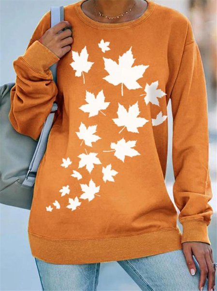 Regular Fit Leaves Crew Neck Casual Sweatshirt, Orange, Hoodies & Sweatshirts