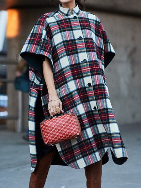 Half sleeve Elegant Grid Stand Collar Outerwear, Red, Coats