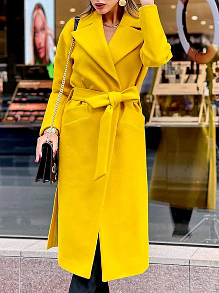 Solid Lapel Long sleeve Elegant Outerwear, Yellow, Coats