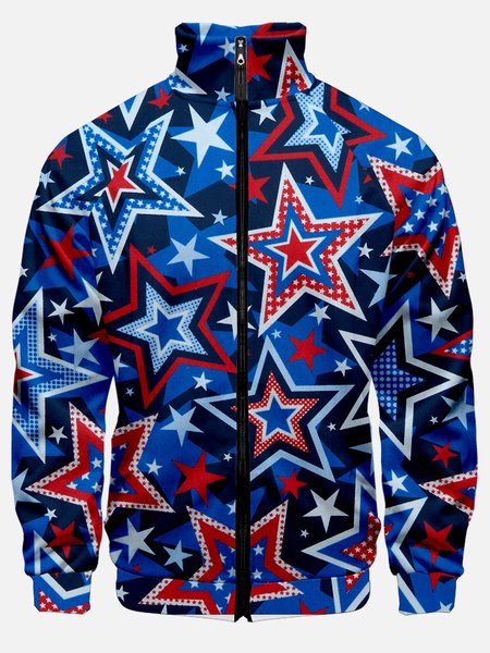 Long Sleeve America Flag Stand Collar Full-zip Jackets, Blue, Jackets & Coats