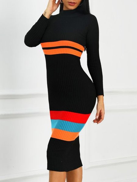 Long Sleeve Skinny High Neck Lady Sweater Dress, Black, Midi Dresses
