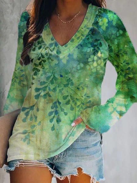 Floral Cotton Blends V Neck Top, Green, Long sleeve tops