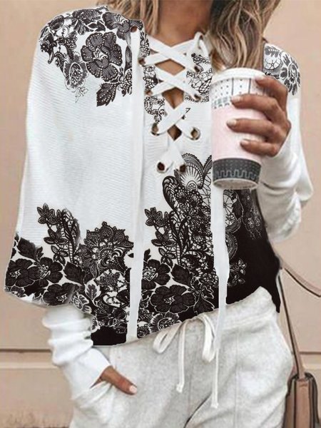 Floral Loosen Casual Shirts & Tops, White, Tops