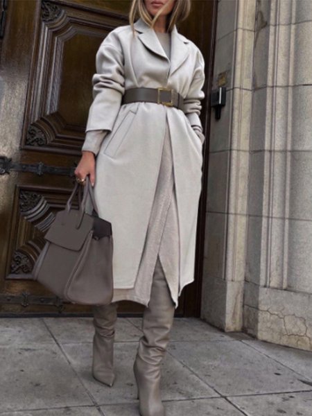 Elegant Solid Lapel Simple Outerwear, Gray, Coats