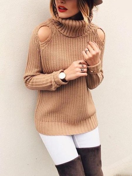 High Neck Loosen Long Sleeve Plain Sweater, Brown, Pullovers