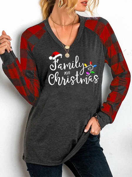 Christmas letter print V-neck long-sleeved T-shirt, Red, Hoodies&Sweatshirts