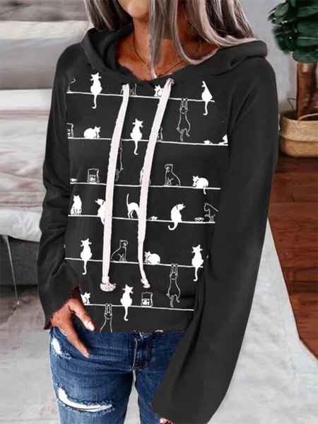 Casual Animal Printed Hooded Sweatshirt, Black, Hoodies & Sweatshirts