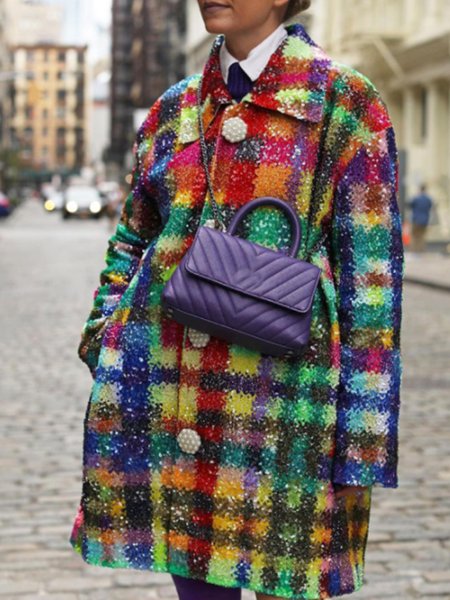 Elegant Loosen Long Sleeve Checked/Plaid Outerwear, As picture, Coats