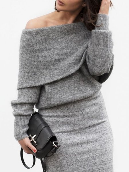 Vintage Elegant Simple Regular Fit Dress, Gray, Midi Dresses