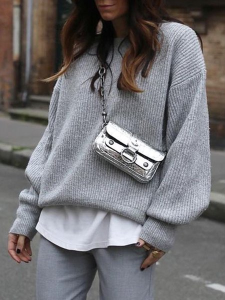 Crew Neck Casual Solid Sweater, Gray, Knitwear & Sweaters