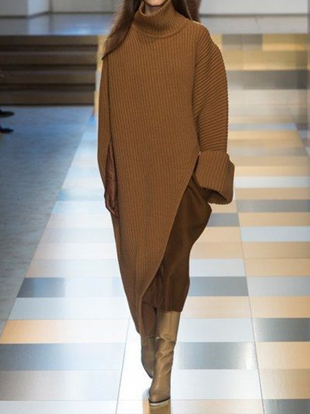 Casual High Neck Pullover, Brown, Pullovers