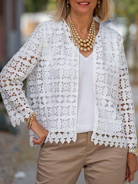 Elegant Eyelet Eyelet Outerwear, White, Coats