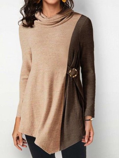 Regular Fit Simple High Neck Top, Brown, Tops