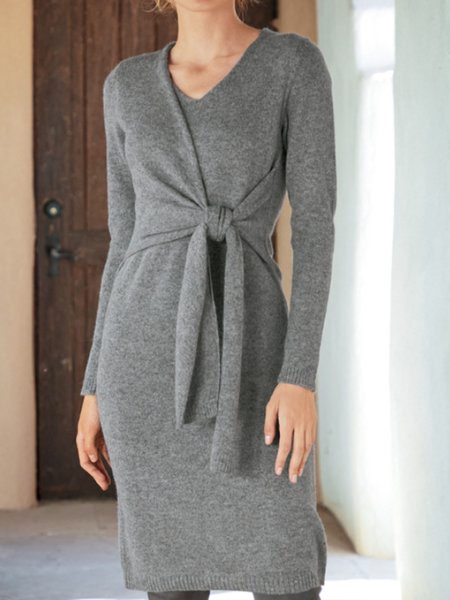 Slim Fit Lace-up Sweater Dress, Gray, Midi Dresses