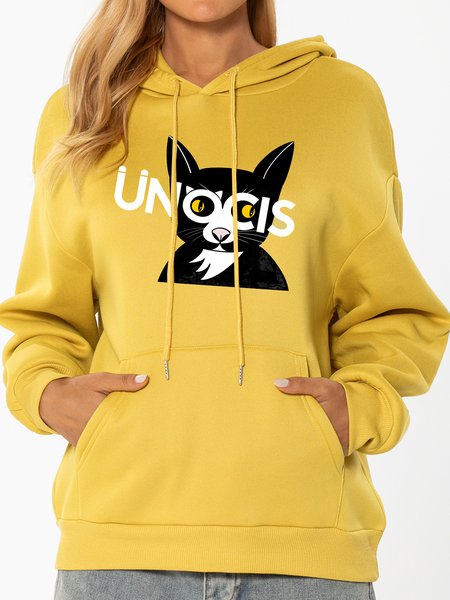 Unocis Cat Printed Long Sleeve Hoodie Sweatshirt, Yellow, Hoodies