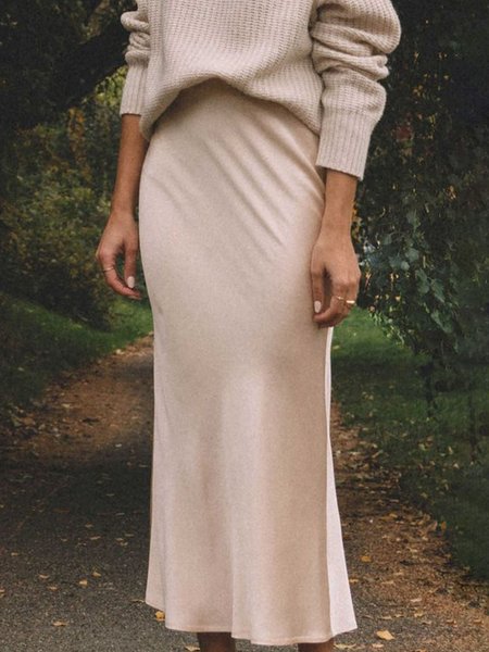 Long Straight Plain Elegant Skirt, Apricot, Maxi Skirts