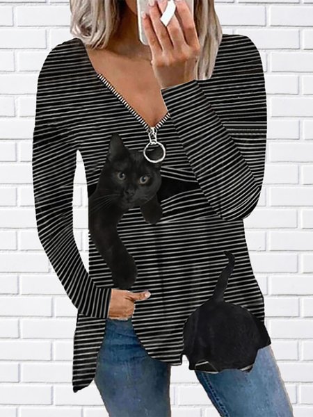 Cat Printed Long Sleeves Long Sleeves Zipper Shirts & Tops, Black, Tops