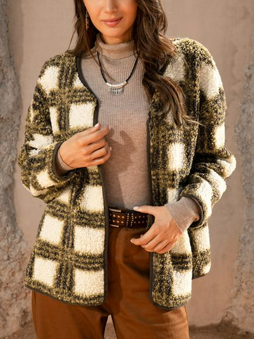 Shift Checkered/Plaid Long Sleeve Outerwear, Coffee, Outerwear