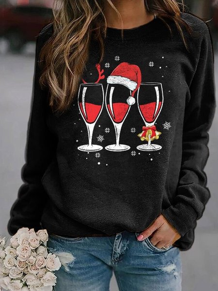 Black Christmas Hat Glasses Printed Casual Sweatshirt, Hoodies & Sweatshirts