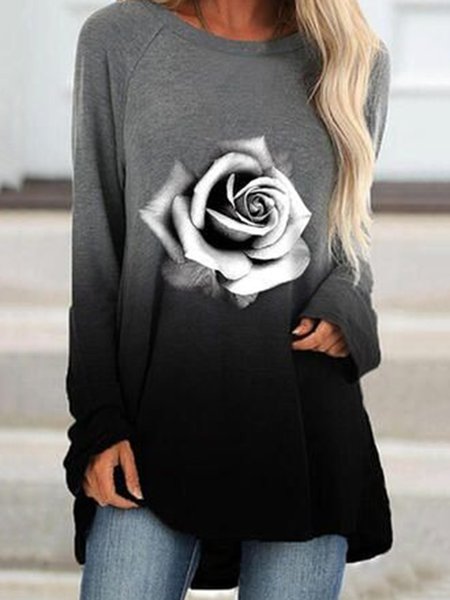 Black Floral Printed Casual Long Sleeve Loosen Shirts & Tops, Tops