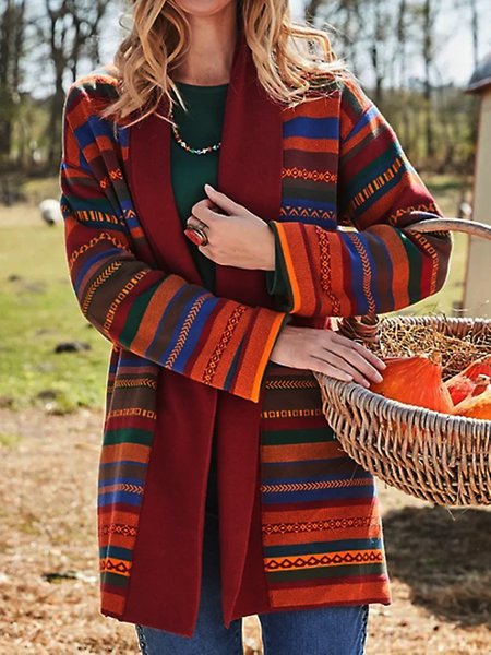 Casual Loosen Striped Outerwear, Multicolor, Outerwear