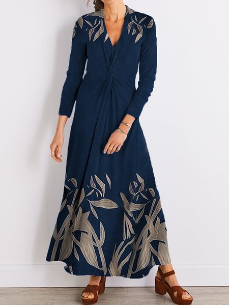 Leaf Print V-neck Long Sleeve Holiday Casual Maxi Knitting Dress, Blue, Floral Dresses
Leaf Print V-neck Long Sleeve Holiday Casual Maxi Knitting Dress, Blue, Floral Dresses