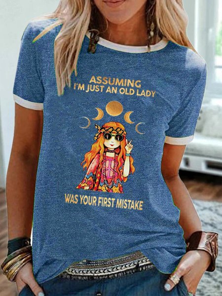 Hippie Print Ladies Round Neck Ringer Tee, Blue, T-shirts
