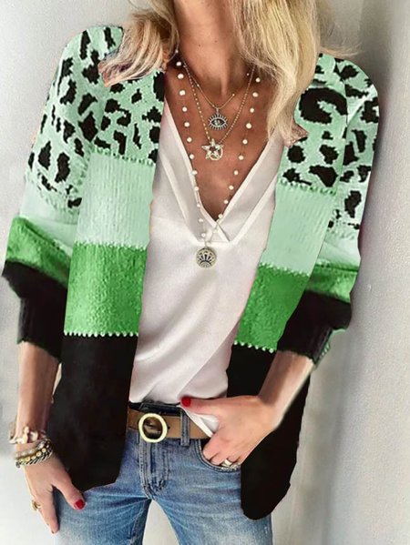 Leopard V Neck Sweater, Green, Cardigans