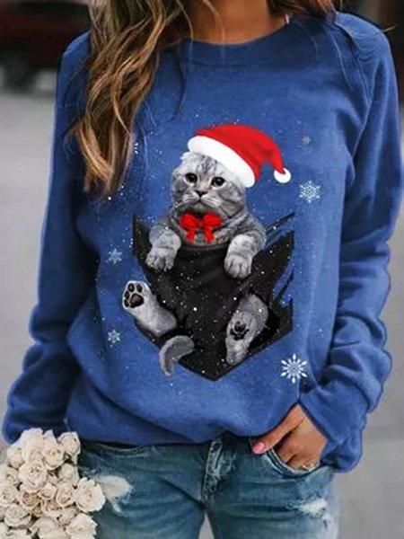Christmas Holiday Printed Casual Loosen Shirts & Tops, Blue, Tops