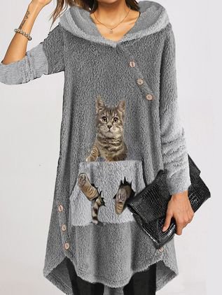 Hooded Cotton Loosen Dresses, Gray, Mini Dresses