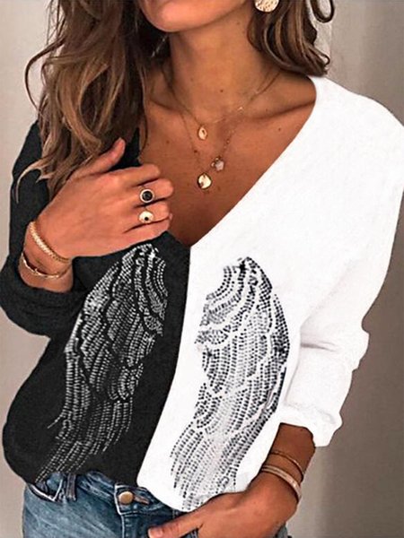Color-block Wings Printed Long Sleeves V Neck Plus Size Casual Tops, Black-white, T-Shirts
Color-block Wings Printed Long Sleeves V Neck Plus Size Casual Tops, Black-white, T-Shirts