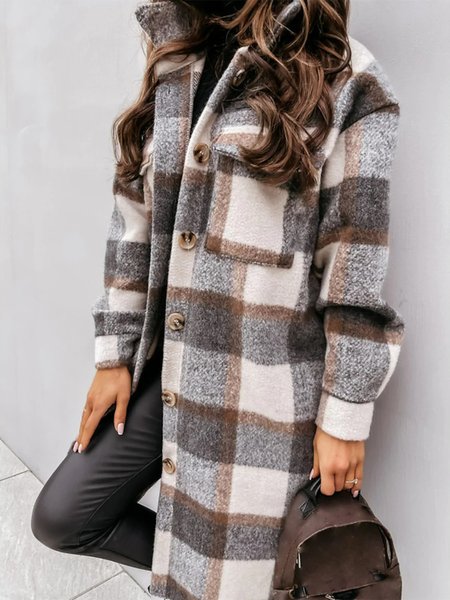 Lapel Woolen Grid Casual Outerwear, As picture, Coats