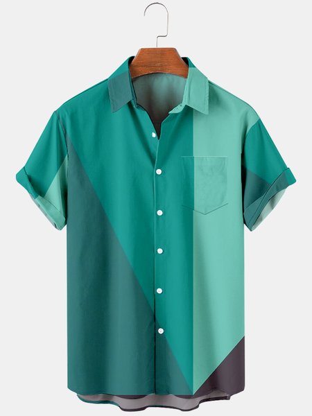 Mens Color Block Print Turndown Collar Chest Pocket Short Sleeve Casual Shirts, Green, Men's basic shirt