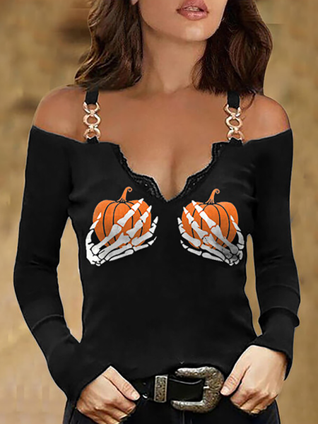 Plus size Halloween Cold Shoulder Shirts & Tops, Black, Tops