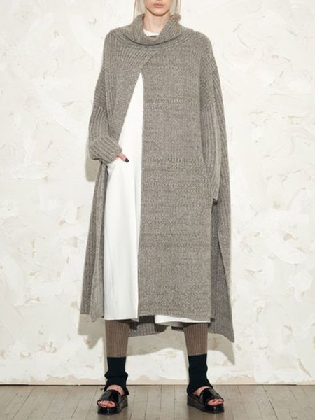 Long Sleeve Gray Casual High Neck Outerwear, Pullovers