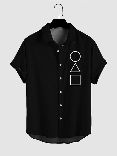 Mens Squid Game Print Turndown Collar Chest Pocket Short Sleeve Casual Shirts, Black, Men's Floral shirt