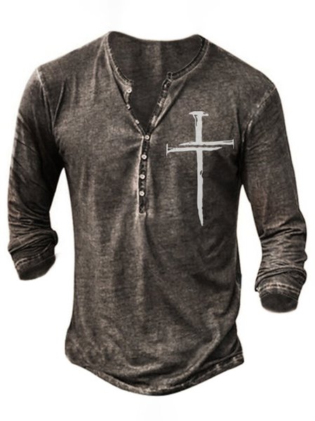 Long Sleeve Henley Cotton Shirts & Tops, As picture, T-shirt