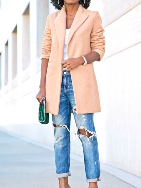 Fall Lapel Simple Loosen Long sleeve Simple Basics Daily Outerwear, As picture, Coats