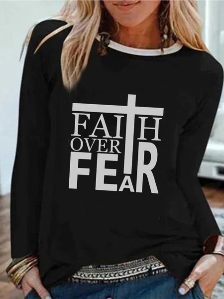 Faith Over Fear Letters Printed Long Sleeves Crew Neck Plus Size Casual Tops, Black, T-Shirts
Faith Over Fear Letters Printed Long Sleeves Crew Neck Plus Size Casual Tops, Black, T-Shirts