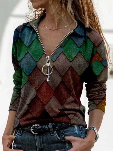 Geometrico Casuale Risvolto Top, Multicolore, Blouses & Shirts
