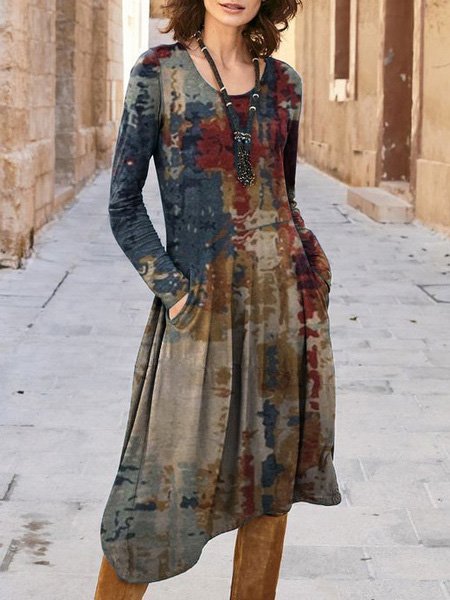 Crew Neck Cotton Casual Dresses, Multicolor, Mini Dresses